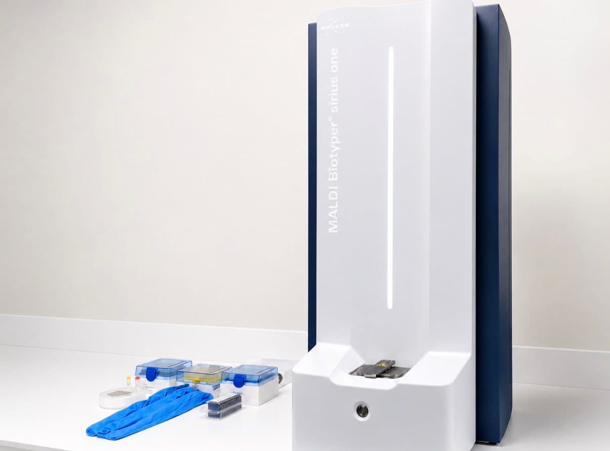 The Bruker MALDI Biotyper sirius one on the lab bench with sample consumables