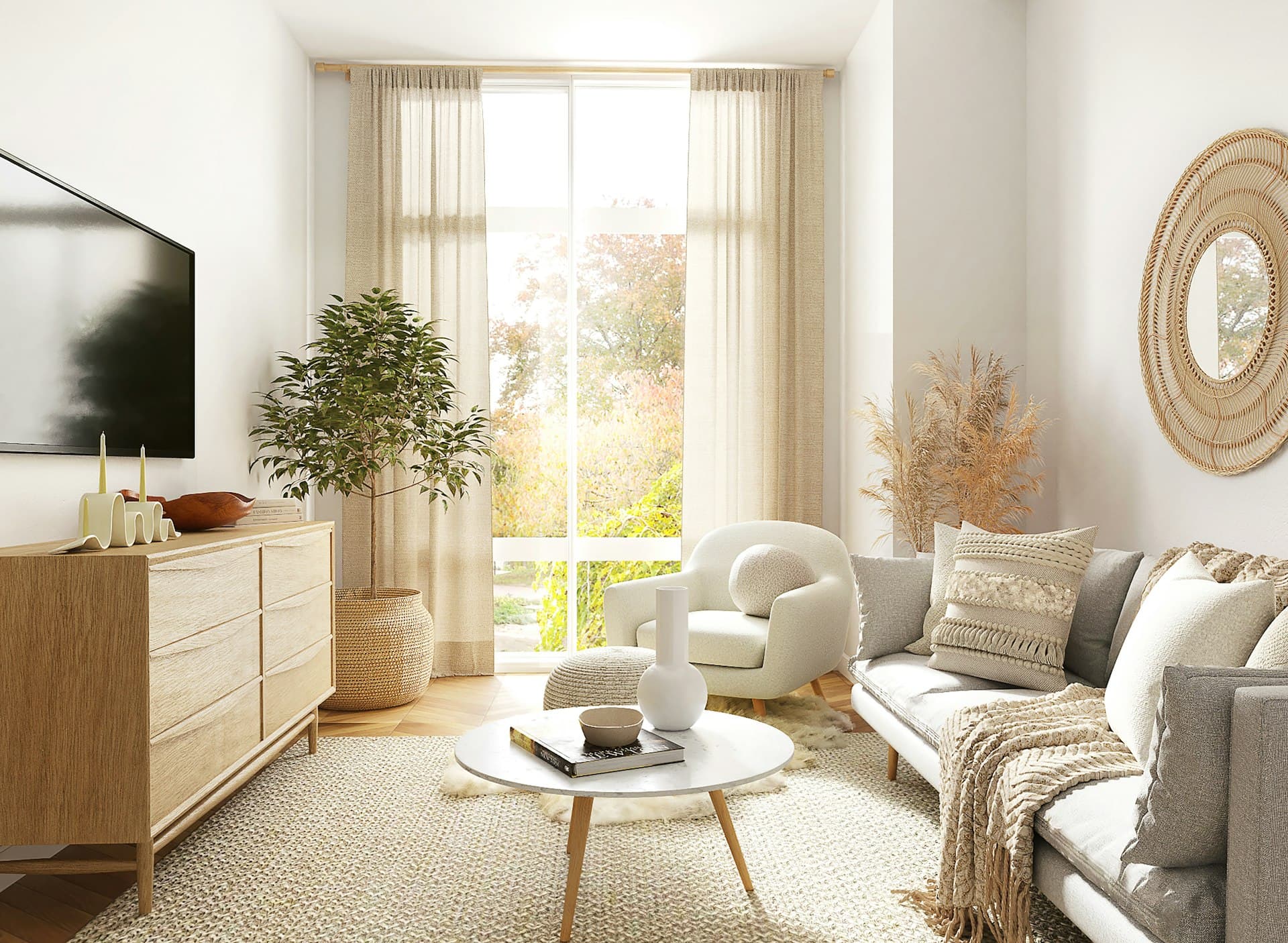 Bright living room with sofa and natural window light